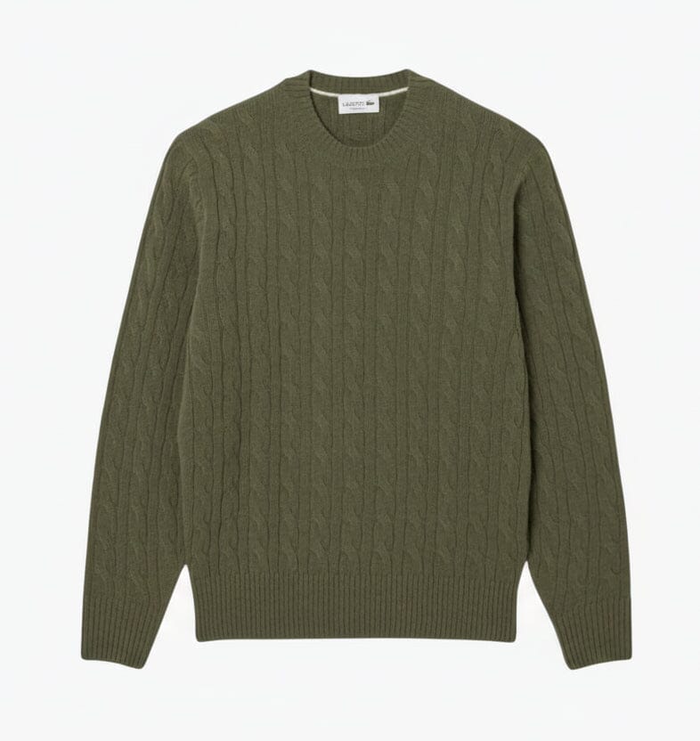 Cable Knit Carded Wool Crew Neck Sweater Feingewand Khaki S 