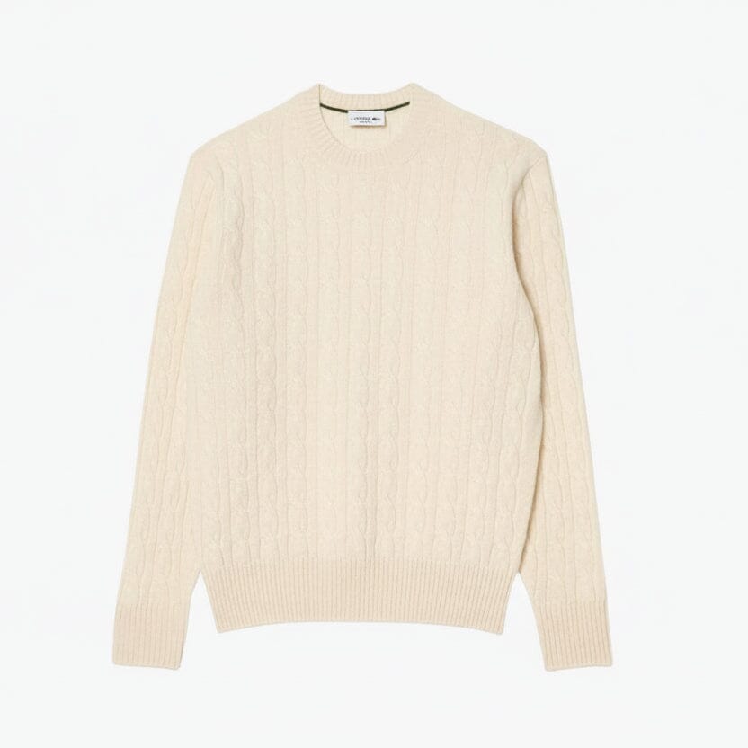 Cable Knit Carded Wool Crew Neck Sweater Feingewand Weiß S 