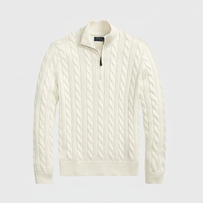 Grobstrick-Baumwollpullover mit Viertelreißverschluss Feingewand Creme S 