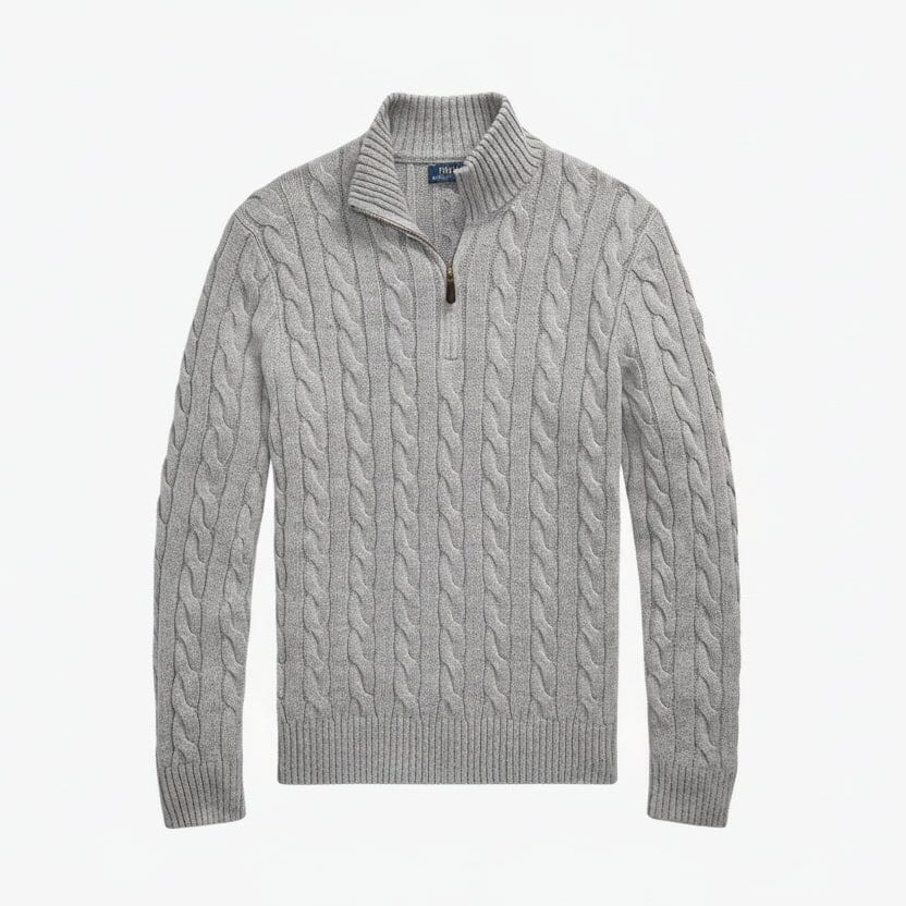 Grobstrick-Baumwollpullover mit Viertelreißverschluss Feingewand Grau S 