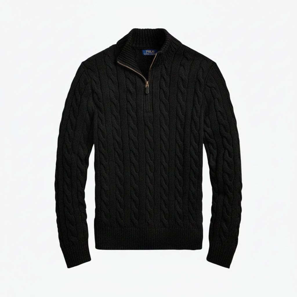 Grobstrick-Baumwollpullover mit Viertelreißverschluss Feingewand Schwarz S 